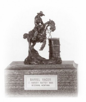 Bronze sculpture of a barrel racer