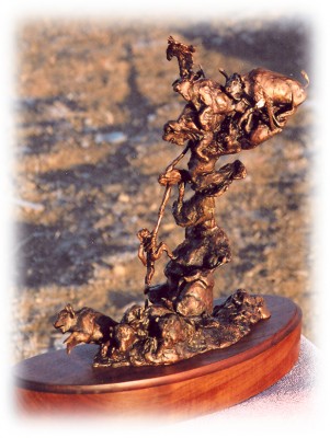 Bronze sculpture of buffalo jump