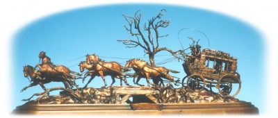 Bronze sculpture of the Deadwood stagecoach.