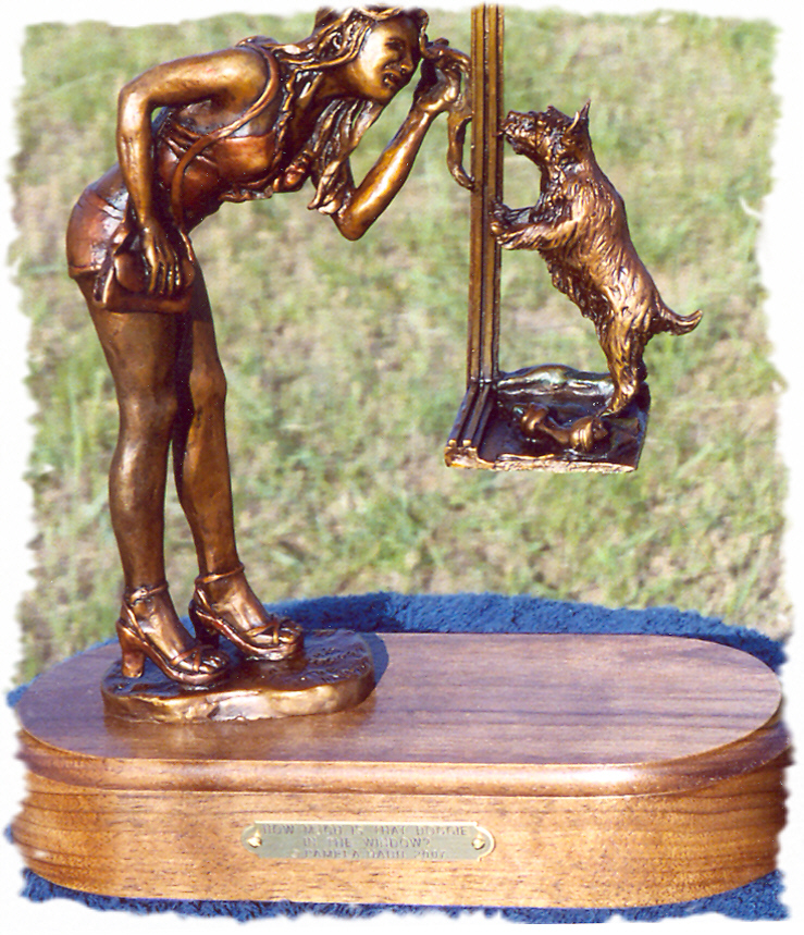 Bronze sculpture of a young woman and a puppy.