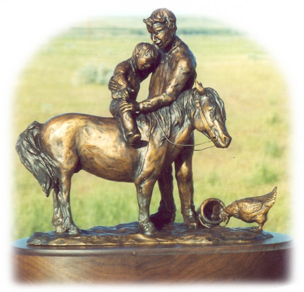 Bronze sculpture of parent, child and pony.