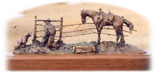 Bronze sculpture of a cowboy fixing fence while holding his horse.