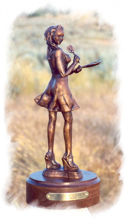 Bronze sculpture of cute young women.