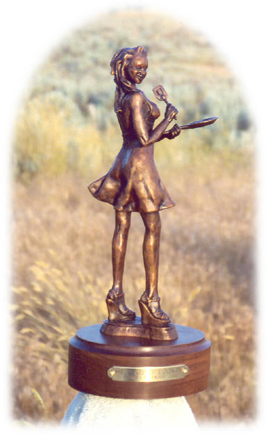 bronze sculpture of a young woman in a short skirt