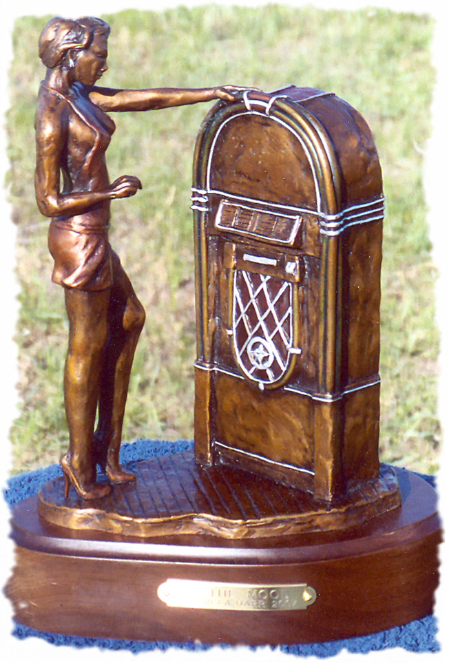 Bronze sculpture of a woman in revealing clothing standing in front of a jukebox.