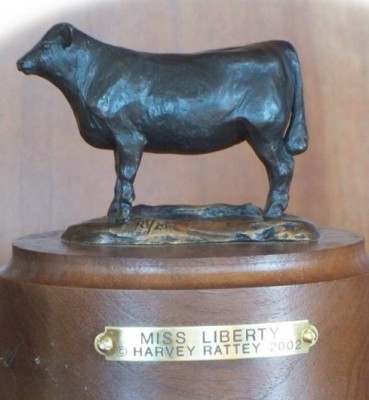 Bronze sculpture of Angus cow.