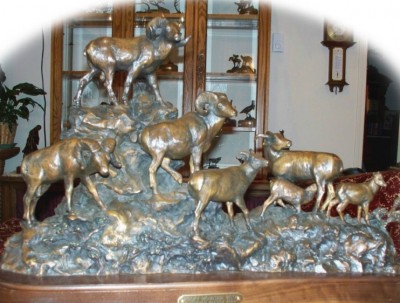 Bronze sculpture of large scene of Rocky Mountain Sheep.