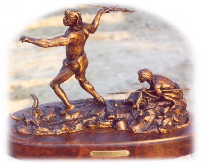 Bronze sculpture of Native American hunters.