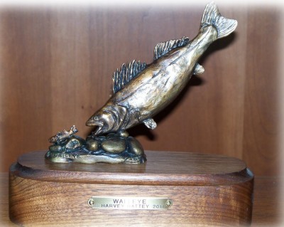 Bronze sculpture of a walleye.