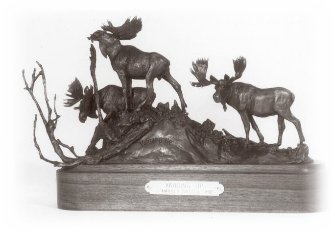 Bronze sculpture of moose.