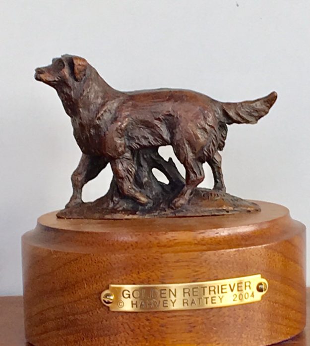 Bronze sculpture by Harvey Rattey of a trotting Golden Retriever 