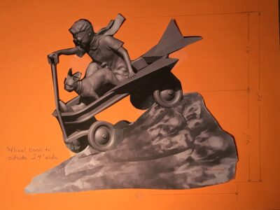 draft sculpture of the Radio Flyer Cowboy monument for the Dawson airport